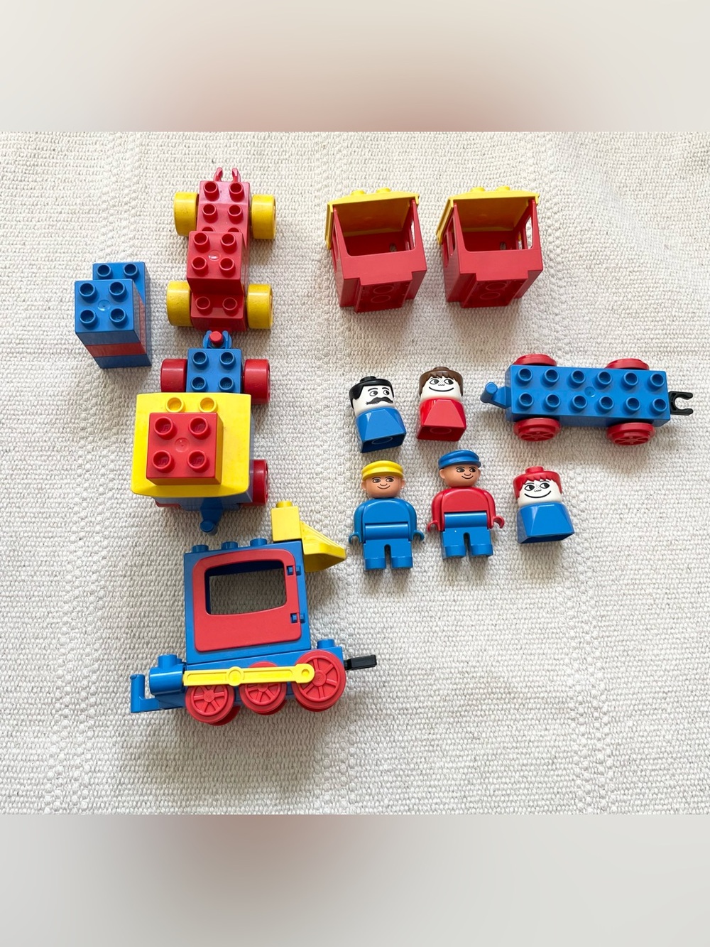 Vintage Lot of Lego DUPLO Train Cars, Conductor, Pilot, Elephant, Blocks, Pieces